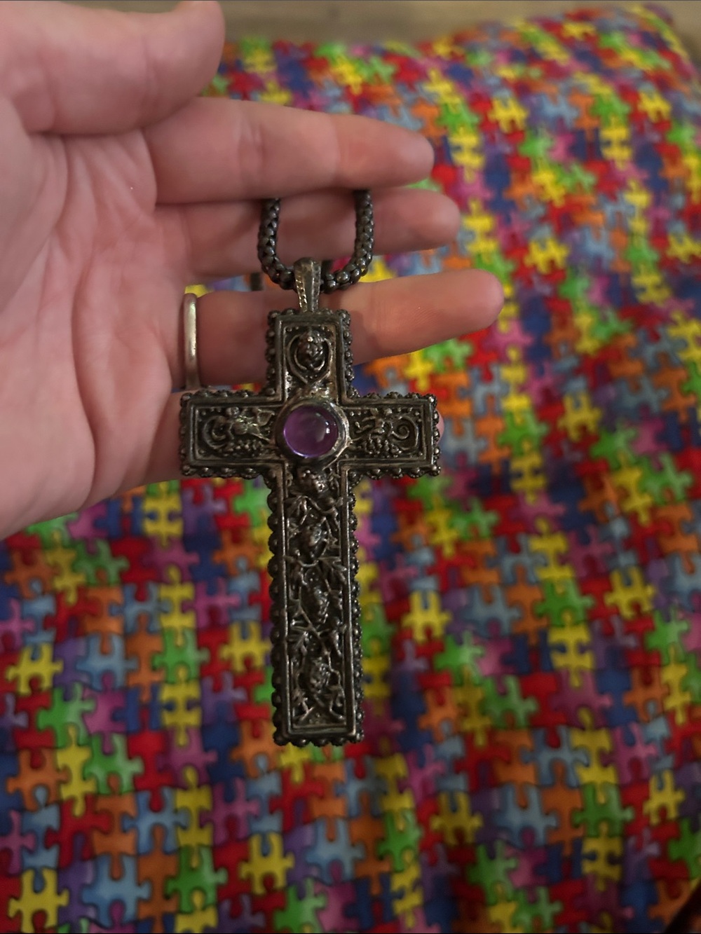 Ornate Silver Cross Necklace with Purple Stone 925 silver